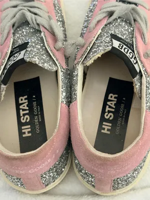 Golden Goose Hi Star Sneakers - Silver Glitter & Pink Suede Star (Size 38) thumbnail 7
