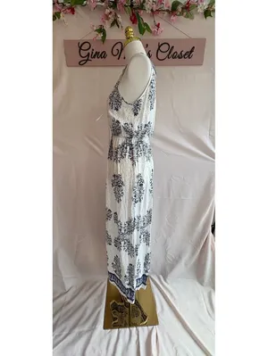 Women's White and Blue Floral Print Sleeveless Maxi Dress, Size Large thumbnail 3
