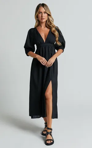 New Showpo Eidie Midi Dress Linen Puff Sleeve Dress Size Small MSRP $89 thumbnail 5