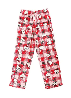 (C170) Hello Kitty Sanrio Holiday Pajama Pant Pink Plaid Mistletoe Santa thumbnail 1