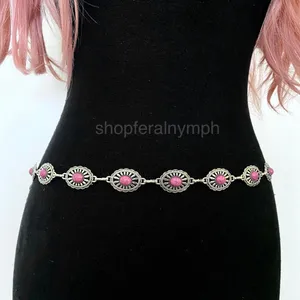 Silver Y2K Pink Stone Concho Waist Chain Belt, Fits 24.5-42.5 Inches, X7GA1298 thumbnail 5