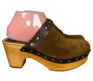 Dingo Woodstock DI 149 Brown Suede Turquoise Western Wooden Clogs Women's 8.5 thumbnail 8