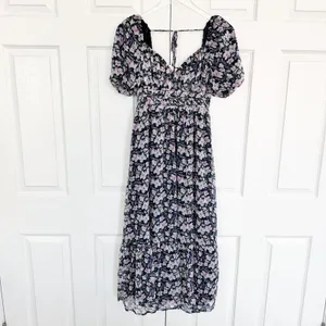 ASTR The Label V-Wire Sweetheart Floral Midi Dress Puff Sleeve Purple Navy thumbnail 3