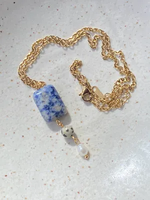 Handmade gem stones & freshwater pearl boho statement necklace🌀💙 thumbnail 3