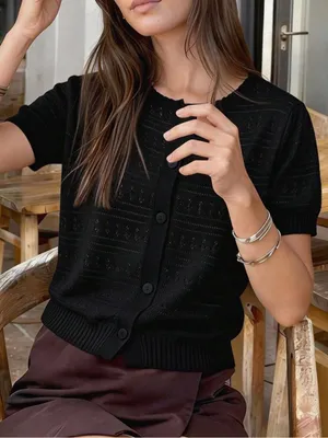 SHEIN Black Short-Sleeve Button Front Knit Cardigan thumbnail 1