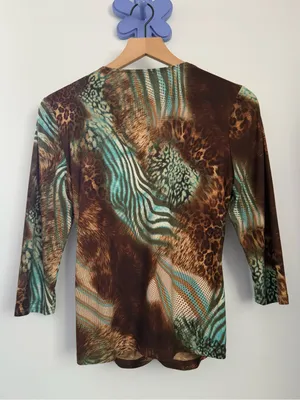 90s Y2K US 6 3/4 Sleeve Top Brown Blue Leopard Animal Ruch Twist Party Rave thumbnail 4