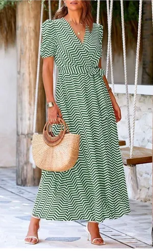 NEW Green Wrap Belted Short Sleeve Ruffle Hem Split Maxi Dress L thumbnail 5