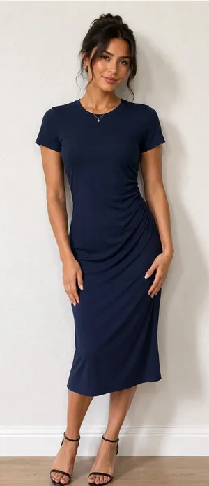 Classic Navy Short-Sleeve Midi Dress with Side Ruching thumbnail 1