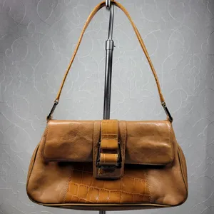 VTG Franco Sarto Y2K Leather Shoulder Bag Tan Alligator Trim Baguette Purse thumbnail 6