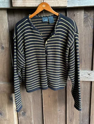Vintage Lizwear Black and Gold Metallic Stripe Nautical Fisherman Cardigan thumbnail 1