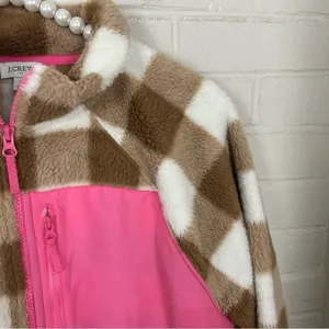 J.Crew Tan & White Check Plaid Fleece Zip Up Jacket Size M thumbnail 8