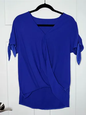 Cobalt Split Sleeve Short Sleeve High Low Surplice Blouse Blue Size M thumbnail 1