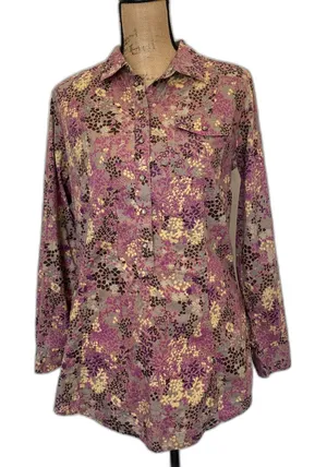 Woolrich Womens Snap Button Popover‎ Tunic Top Brown Purple Floral Cotton Medium thumbnail 1