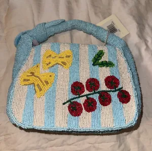 Sol and Mer Beaded Light Blue Striped Top-Handle Bag with Pasta and Tomato Motif thumbnail 1
