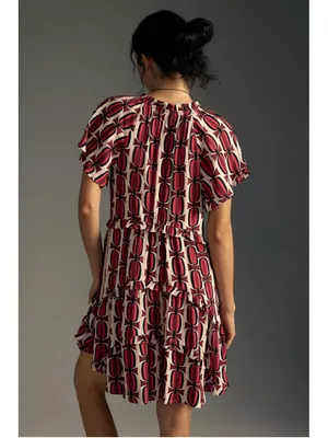 Anthropologie Robin Tiered Mini Dress Women’s Size M Red Beige Geometric Print thumbnail 6