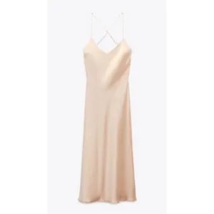 Zara Champagne Satin Maxi Slip Dress Cross Back V-Neck Sleeveless Pink Beige XS thumbnail 2