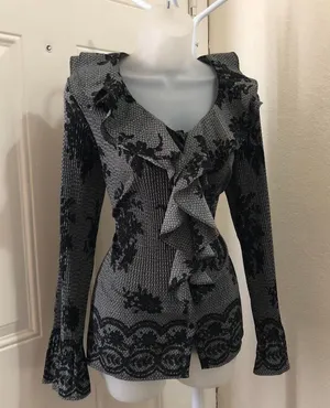 Como Black Whimsygoth Grey black floral ruffle button up down shirt blouse top floral long flare sleeve office siren core, dark academia scoop neck Size S-measurement in pics-stretchy Excellent condition thumbnail 1