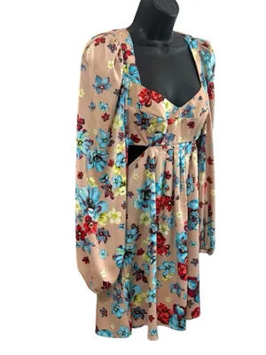 AFRM Anita Babydoll Mini Dress in Aqua Bouquet Sz Small Floral Boho Cottagecore thumbnail 6