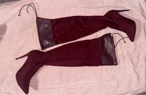 Burgundy suede thigh-high stiletto boots thumbnail 6