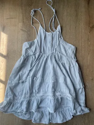 Free People desert Blue Striped Ruffle Mini Dress Cotton Summer beach M thumbnail 4