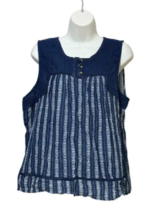 Mason & Belle Navy Blue Eyelet Lace Striped Boho Tank Top Large JFW81933K85 thumbnail 1