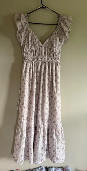 Altard State Floral Ruffle‎ Midi Dress Pink Tan Smocked Tie Back Cottagecore M thumbnail 1