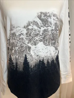 Hollister Cream & Black Mountain Tree Graphic Long-Sleeve Tee size XS. thumbnail 3