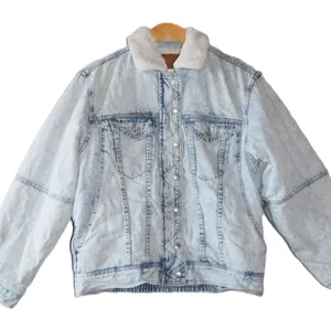 American Eagle Denim Jacket Women M Light Acid Wash Faux Fur Sherpa Trucker Good thumbnail 1