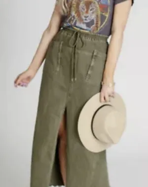 Free People Woke Up Like This stretch waist maxi green denim slit skirt sz L thumbnail 1