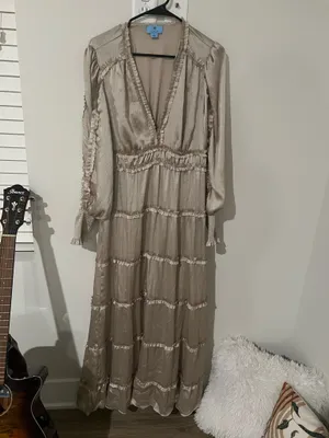CeCe Ruffle Long Sleeve Satin Maxi Dress, Champagne, V-neck, stiered ruffles. L. thumbnail 3