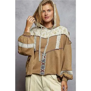 POL Drawstring French Terry Hoodie with Gauze Print‎ Patch thumbnail 2
