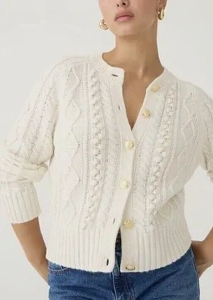 NWT J.Crew Cable-knit Cardigan Sweater in Ivory Wool Blend M thumbnail 1