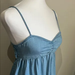 SO Light Blue Chambray Denim Babydoll Mini Sundress Tunic Tank thumbnail 3