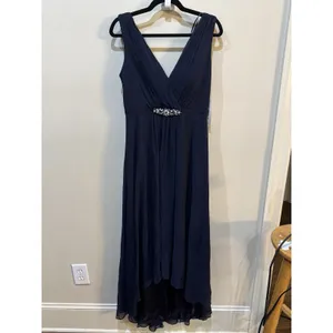 NEW Eliza J High Low Chiffon Rhinestone Embellished Waist Dress Size 8 Navy thumbnail 4