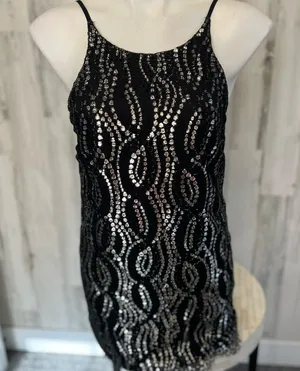 6 Sisters Black Silver Sequin Bodycon Mini Dress Womens Size Small S Backless Ca thumbnail 1