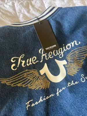 NWT True Religion $239 crystal wing denim varsity jacket Large Blue White Small thumbnail 8