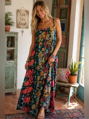 Natural Life Sidney Colorful Floral Boho Crinkle Maxi Dress Size Small thumbnail 2