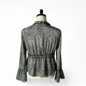 Loveriche Leopard Print Ruffle V-Neck Blouse Women Small Black White Bell Sleeve thumbnail 2