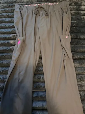 Betsey Johnson Black Drawstring Cargo Scrub Pants with Pink Heart Accents thumbnail 1