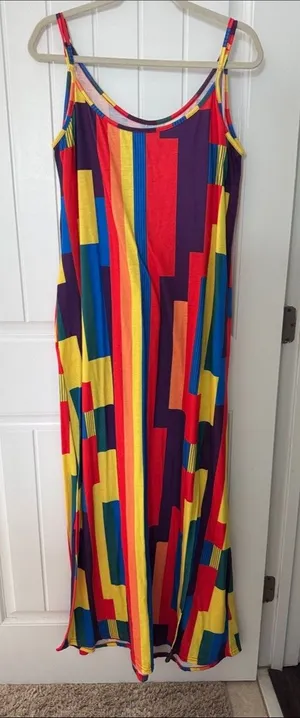 Sleeveless Multicolor Geometric Maxi Dress - Bright Stripe Print thumbnail 1