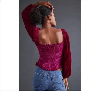 Anthropologie Smocked Velvet Puff Sleeve Pink Magenta Square Neck Blouse Small thumbnail 2