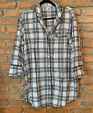 VS Victoria's Secret Plaid Flannel Sleep Dress Button Front Long‎ Sleeve Pink M thumbnail 1
