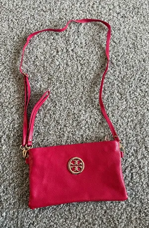 Tory Burch Pink-Red Pebbled Leather Crossbody with Gold Logo thumbnail 1