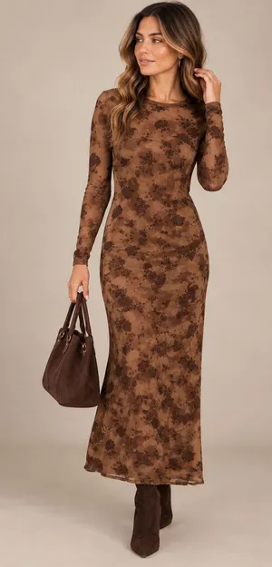 12th Tribe Casanova Brown Floral Mesh Maxi Dress Long Sleeve Brown Large Witchy thumbnail 1