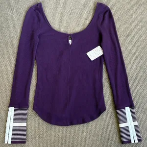 NWT Free People Mod Stripe Cuff Waffle Knit Top Purple Size Medium thumbnail 4