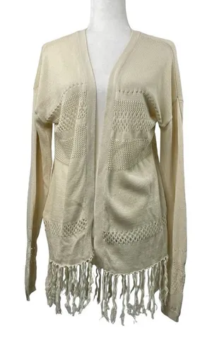 Wild Pearl Open Cardigan with fringe boho cotton crochet design Large cream thumbnail 1