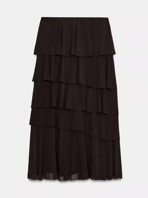 Zara NWT Brown mesh Tiered ruffle Chiffon mesh Midi Skirt - dark brown thumbnail 5