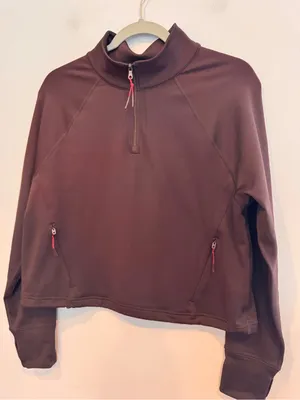 OFFLINE By Aerie Warm Up Quarter Zip Cropped Sweatshirt Brown M thumbnail 2