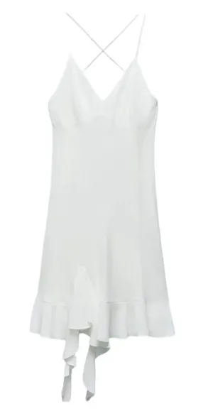 Zara White Satin Drapey Back Ruffle Hem Mini Slip Dress NWT Size S thumbnail 1