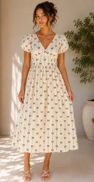 SHEIN Cream Bow Print Puff Sleeve Midi Dress | Cottagecore Coquette Dress | Size Small thumbnail 1